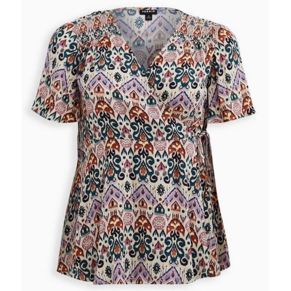 Torrid Rayon Crepe Smocked Surplice Top Blouse Size 3X (22-24) Boho Casual - Picture 1 of 12